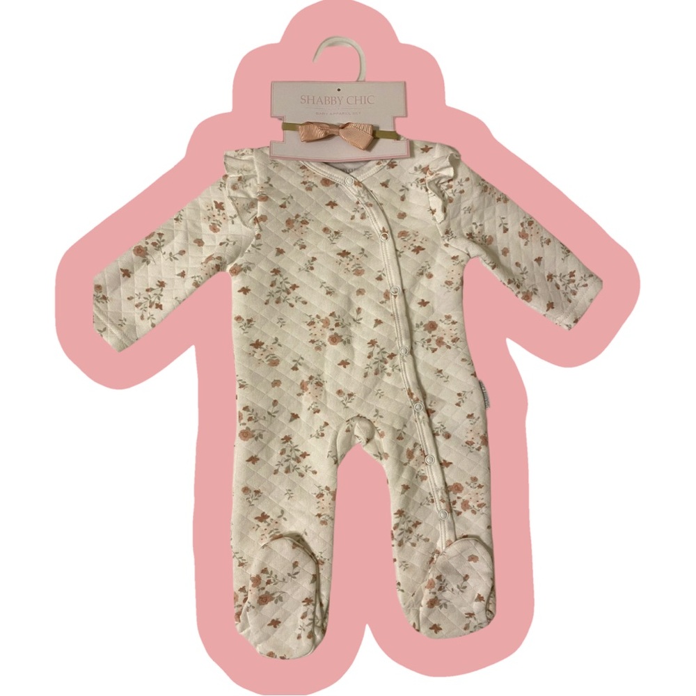 Shabby Chic Baby Apparel Set - Floral Footie with Matching Headband